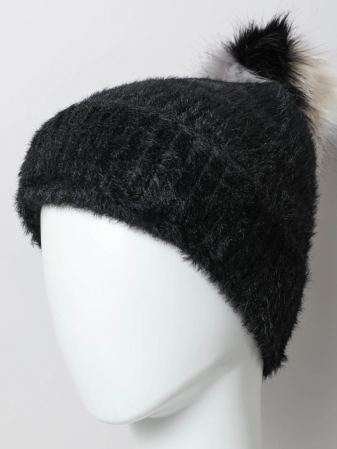 •FAUX MOHAIR FLEECE LINED POM BEANIE•