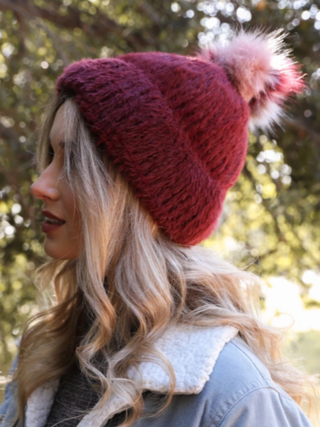•FAUX MOHAIR FLEECE LINED POM BEANIE•