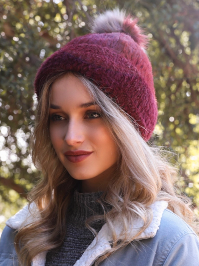 •FAUX MOHAIR FLEECE LINED POM BEANIE•