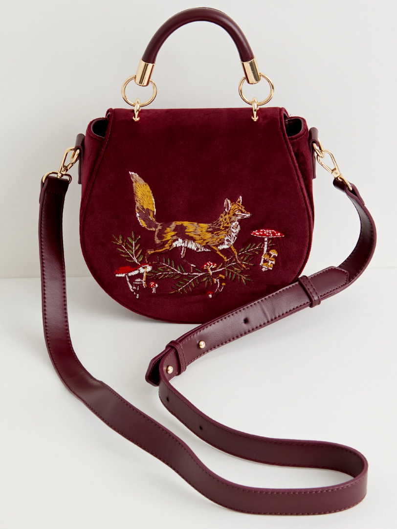 •FOX & SHROOM• embroidered velvet saddle bag