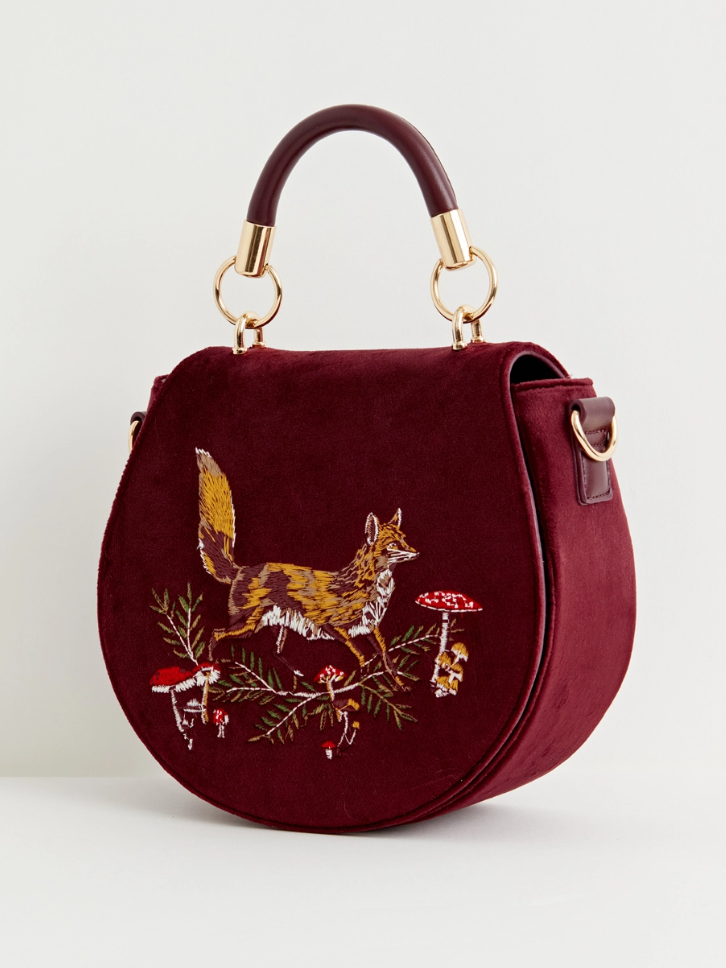 •FOX & SHROOM• embroidered velvet saddle bag