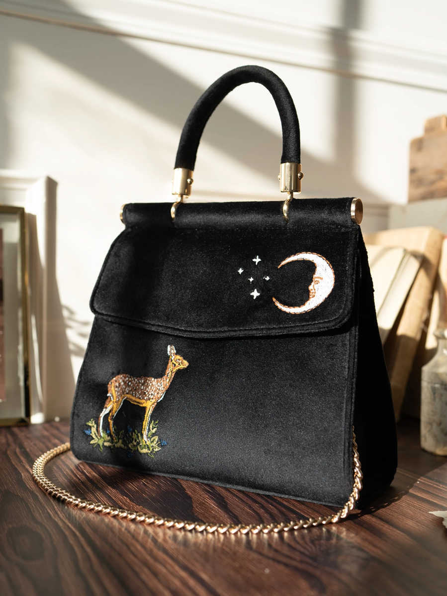 •DEER & MOON• embroidered velvet tote