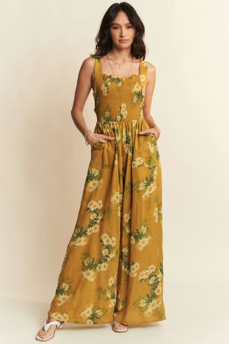 •APRIL - MUSTARD• floral smocked bodice jumpsuit