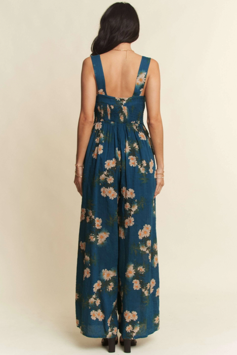 •APRIL - TEAL BLUE• floral smocked bodice jumpsuit
