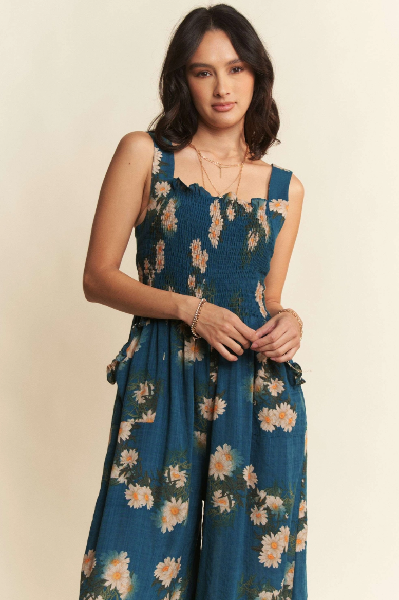•APRIL - TEAL BLUE• floral smocked bodice jumpsuit