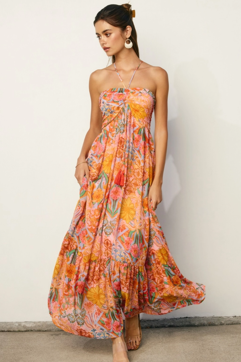 •SUN CONURE• halter maxi dress