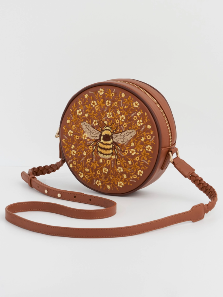 •BUMBLEBEE BLOOM• embroidered vegan leather circle purse