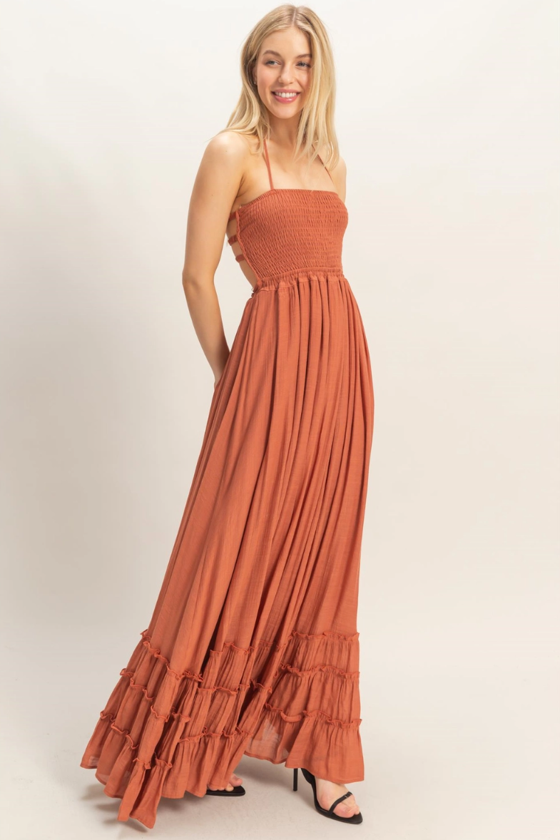 •NICOLE• smocked halter maxi dress