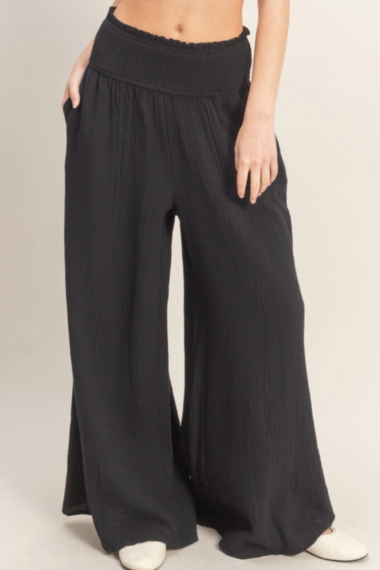 •KARMA• smocked waist wide leg pants