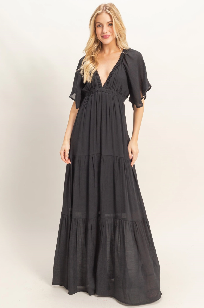 •OLIVIA• plunging V-neck tiered maxi dress