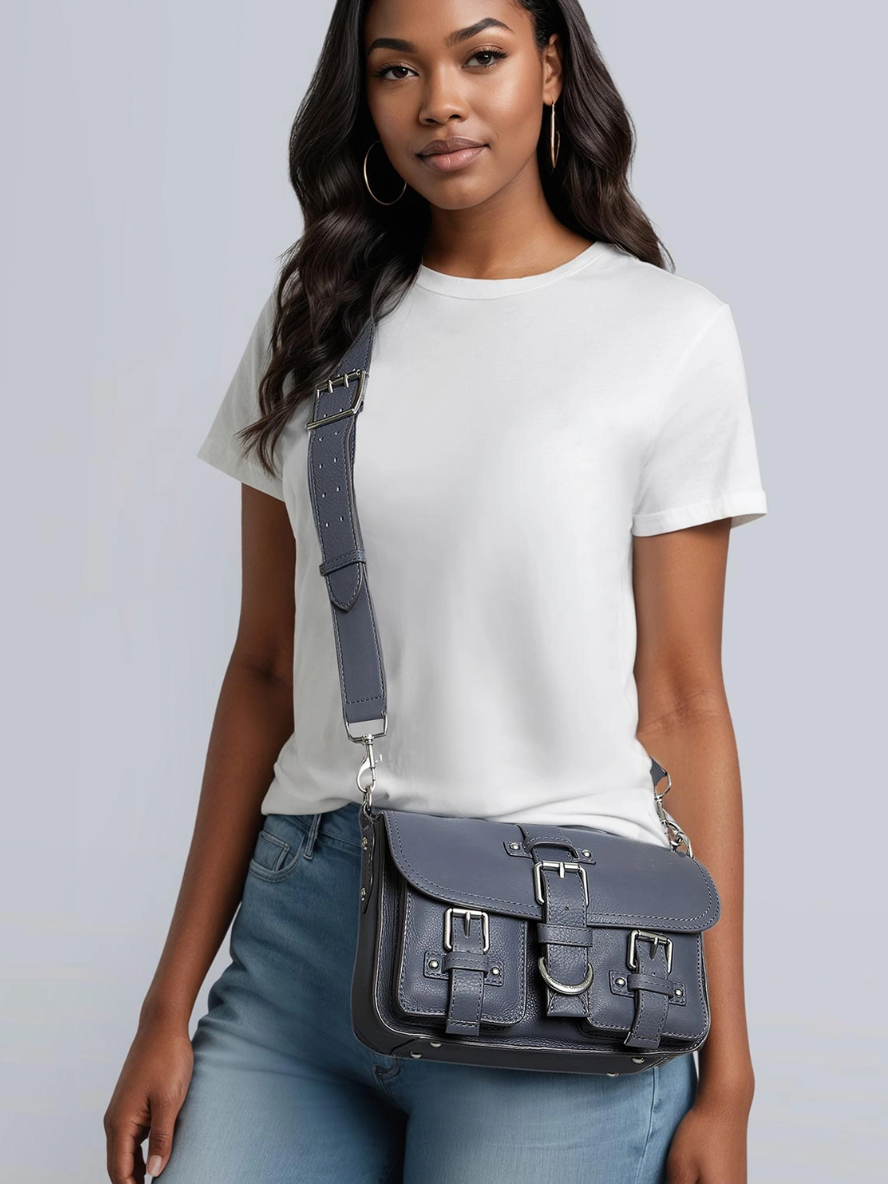 •SIDE SADDLE• smoky blue leather crossbody