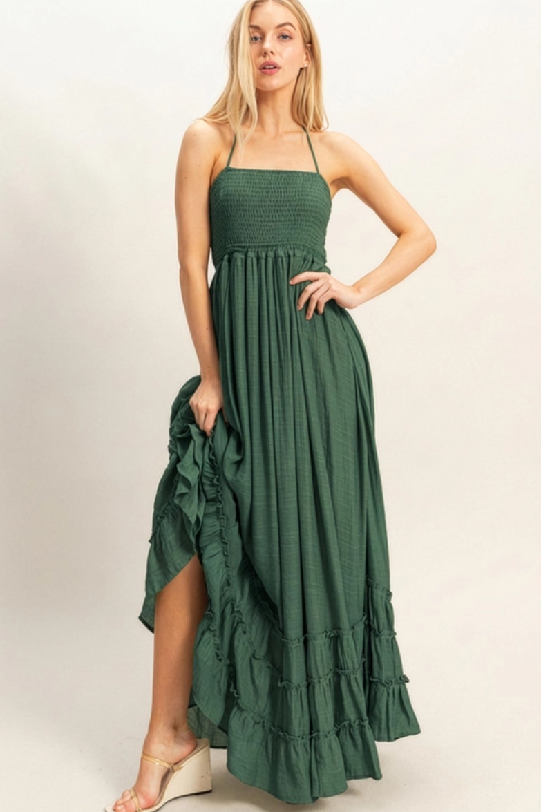 •NICOLE• smocked halter maxi dress