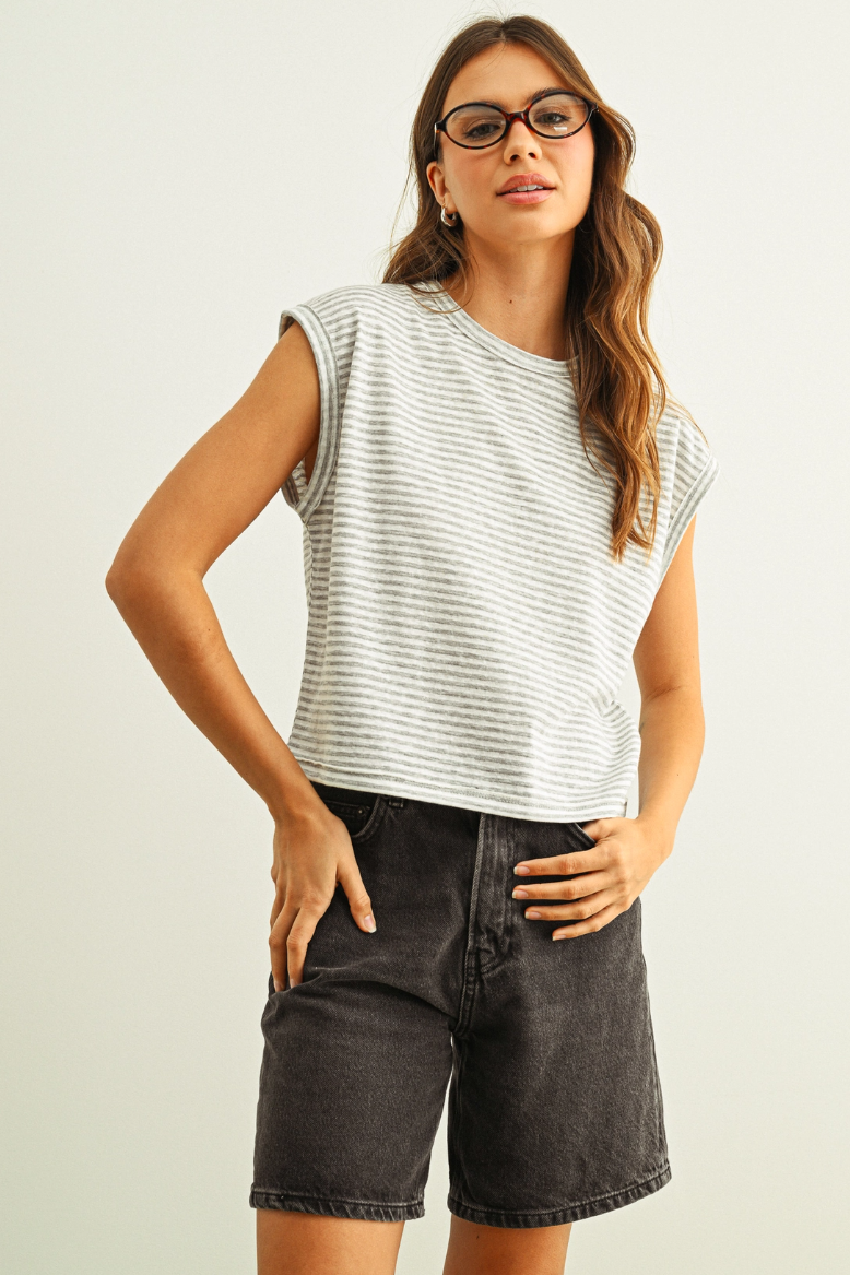 •ALANI - GREY STRIPE• striped cotton slub knit top