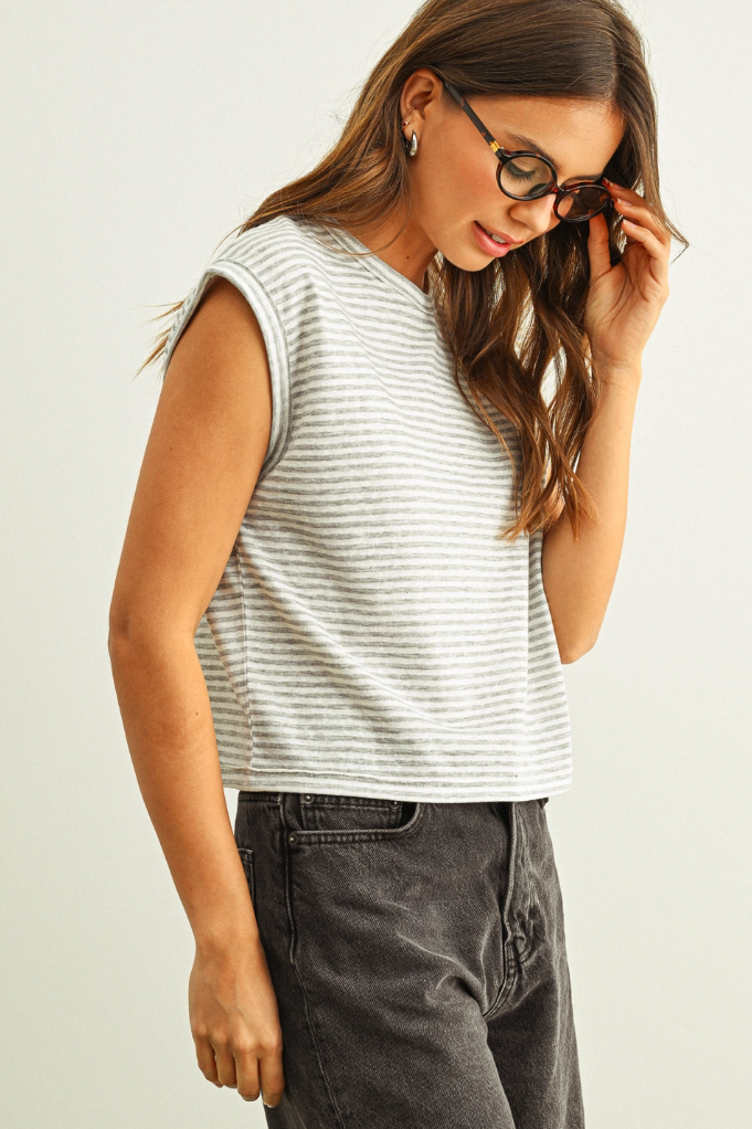 •ALANI - GREY STRIPE• striped cotton slub knit top