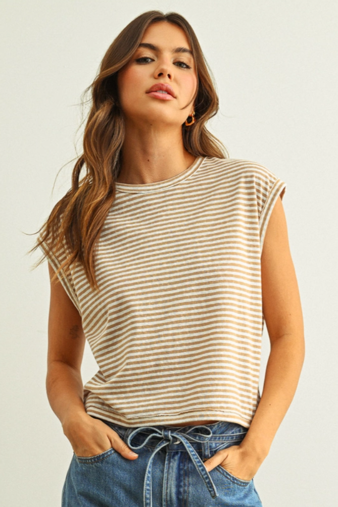 •ALANI - OAT STRIPE• striped cotton slub knit top