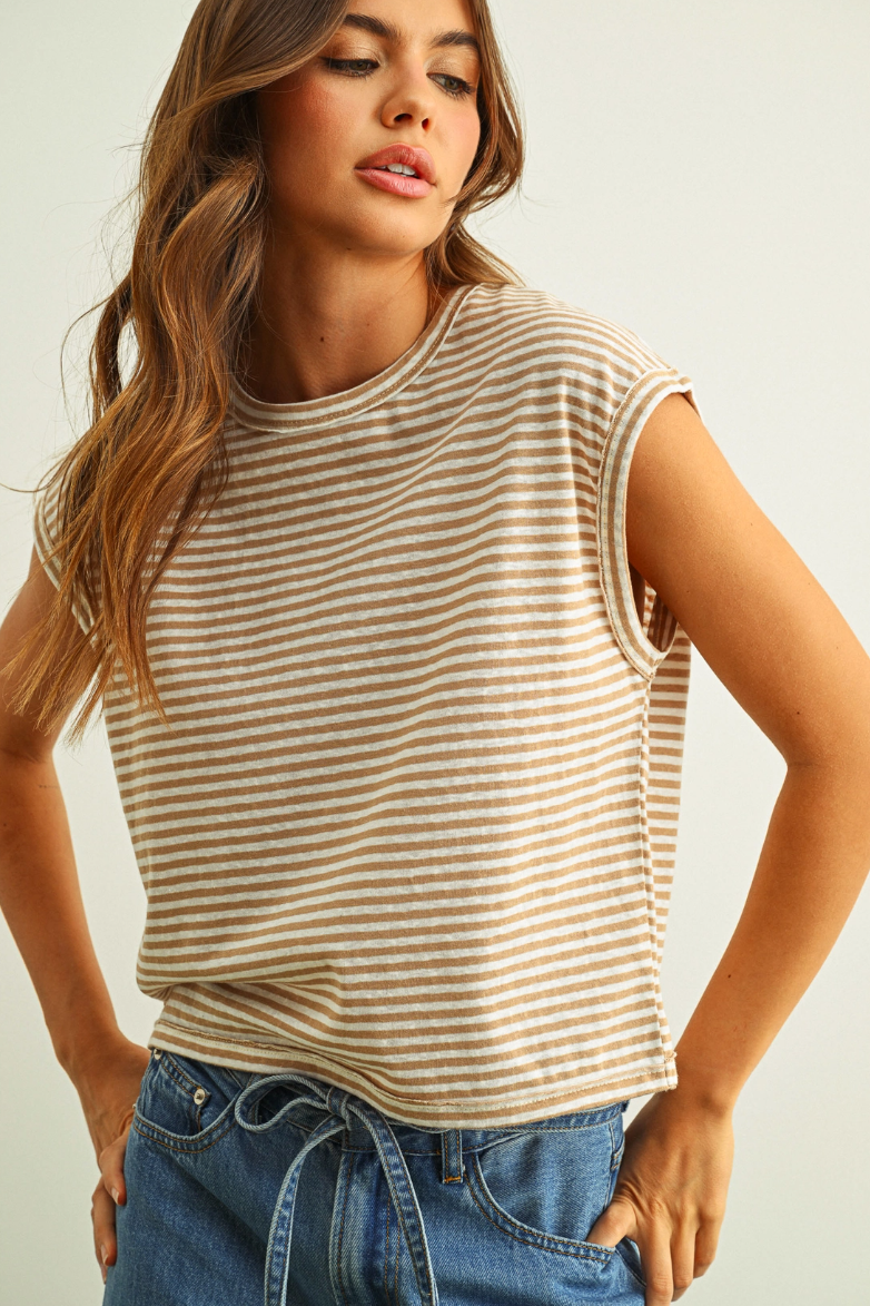 •ALANI - OAT STRIPE• striped cotton slub knit top