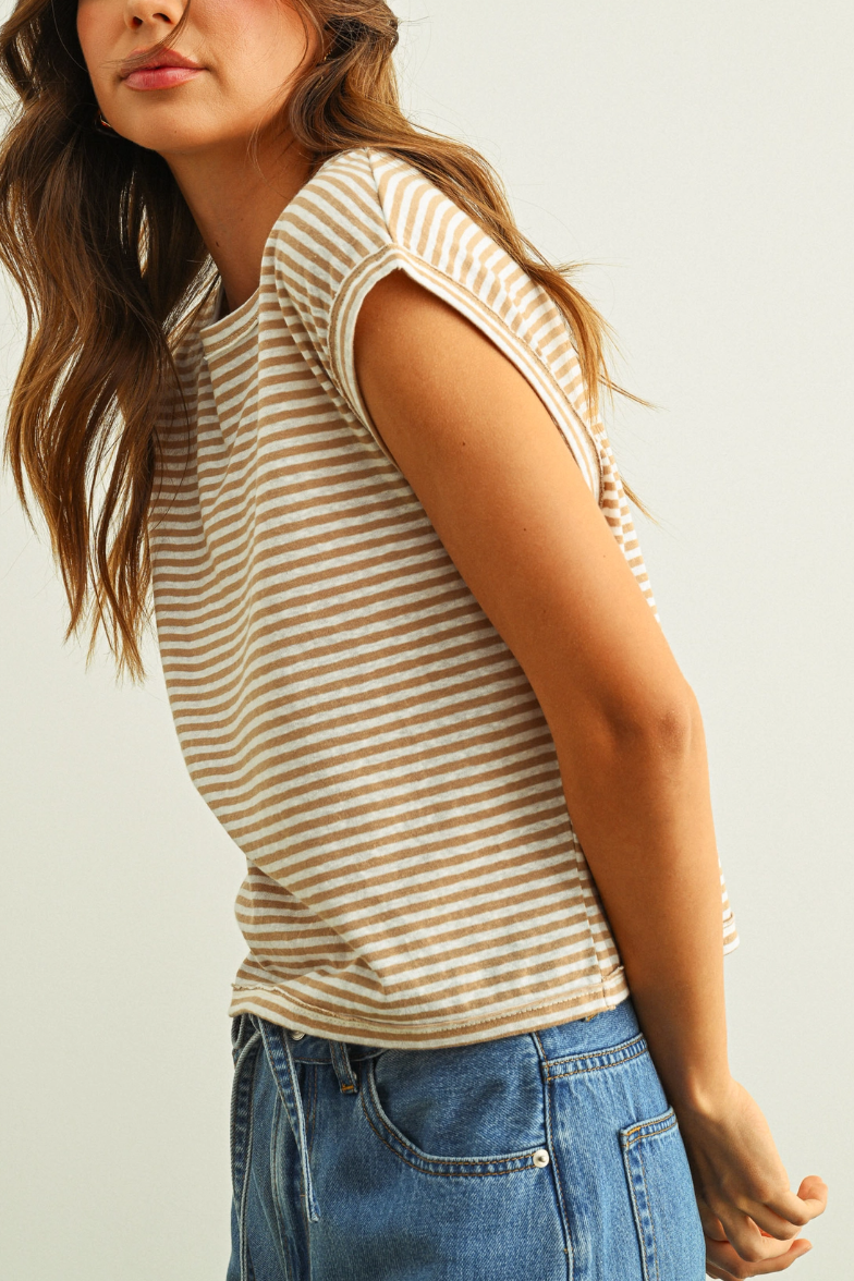 •ALANI - OAT STRIPE• striped cotton slub knit top