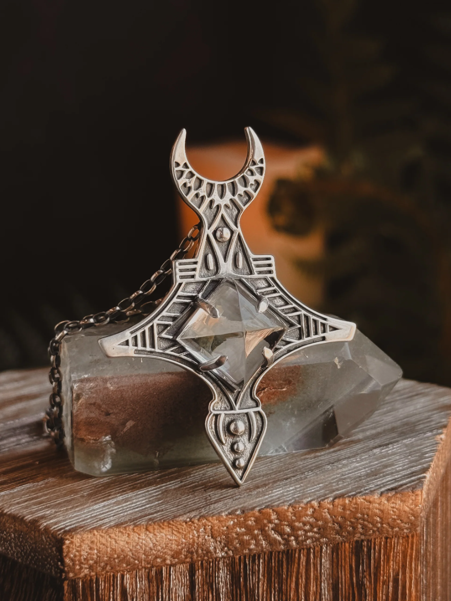 •ARMORED MOON• clear quartz + silver necklace (16" long)