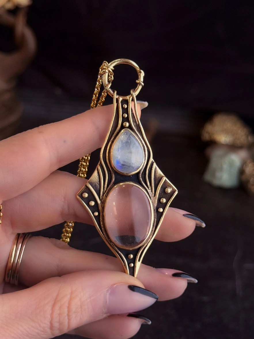 •NIMUE• rainbow moonstone + quartz gold necklace (20" long)