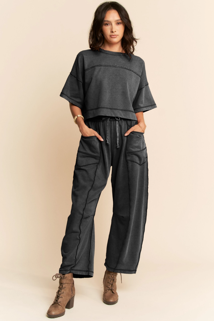 •CASEY - CHARCOAL• mineral washed cotton blend top & pants separates
