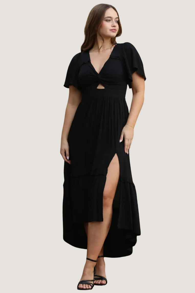 •OPHELIA• solid twist front high-low dress