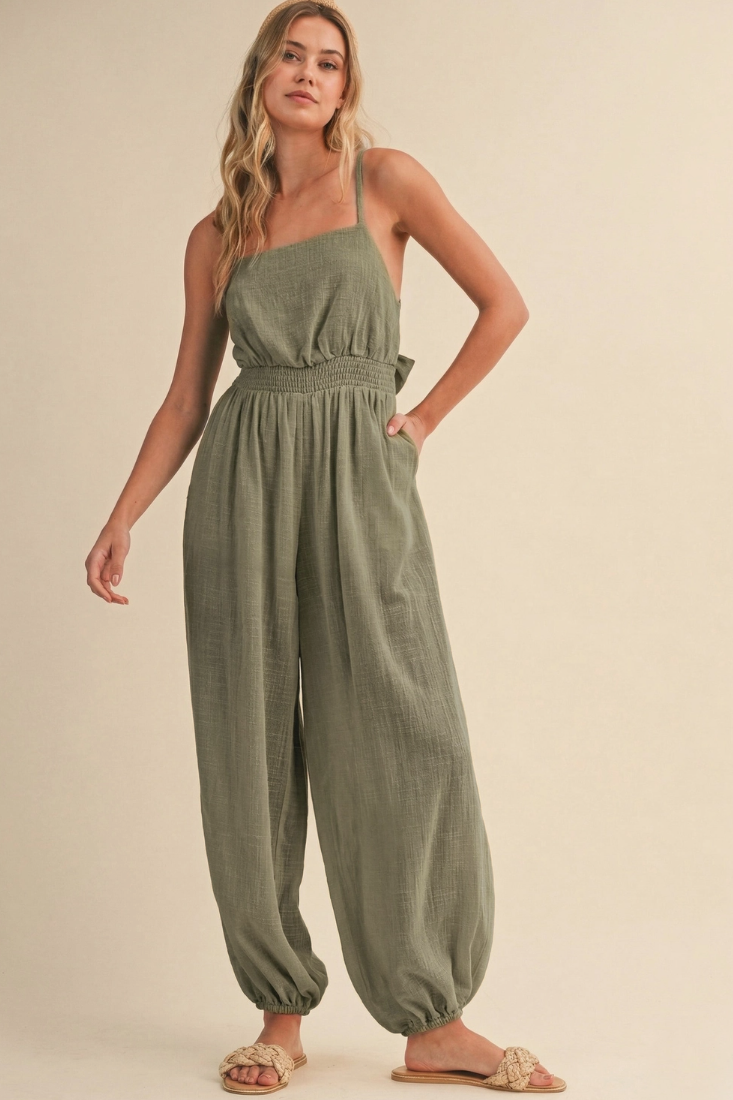 •ACACIA - LIGHT OLIVE• cotton open tie back jumpsuit