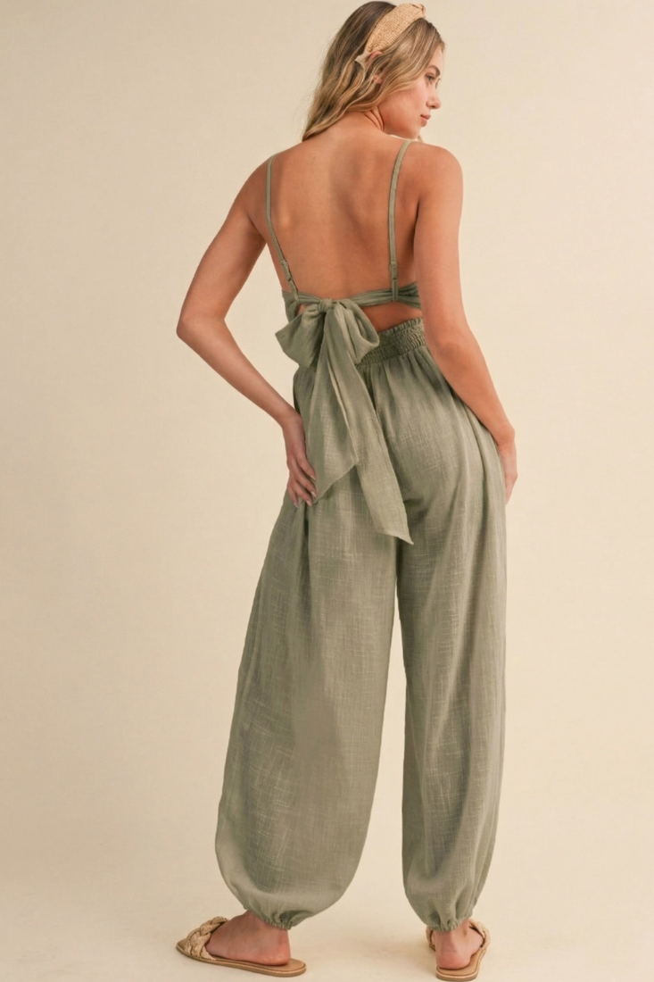 •ACACIA - LIGHT OLIVE• cotton open tie back jumpsuit