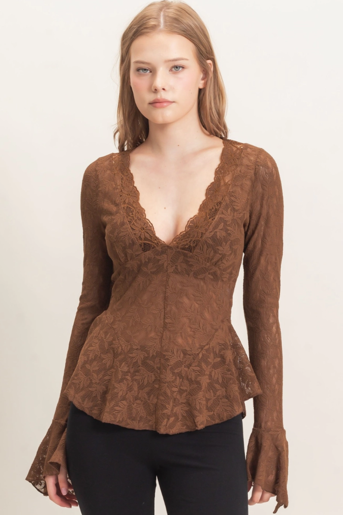 •ESMERALDA - CHOCOLATE• long bell sleeve lace top