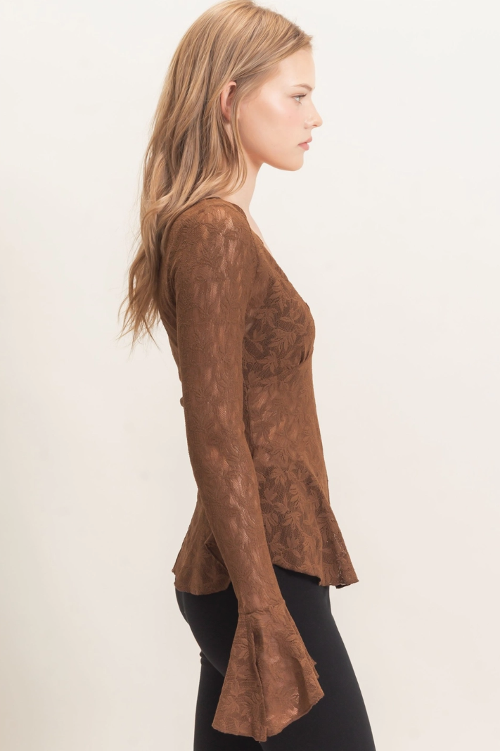 •ESMERALDA - CHOCOLATE• long bell sleeve lace top
