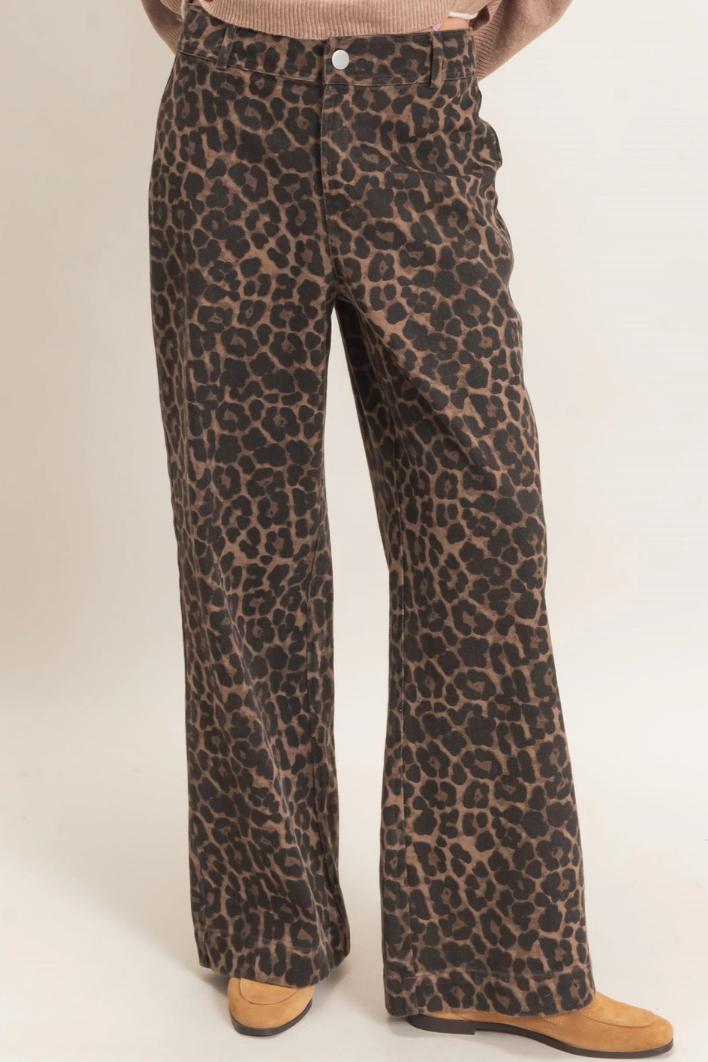 •SABOR - DARK• cotton wide leg leopard print denim pants
