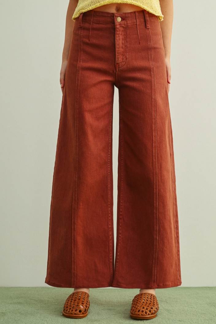 •ROBBIE - TERRACOTTA• front seam cotton blend denim pants