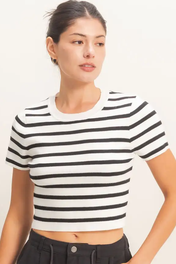 •AMELIE• striped crew neck cropped top