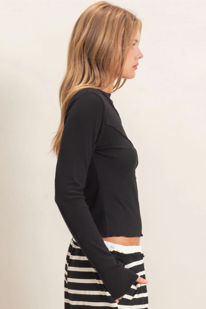 •BRIAR - BLACK• ruffled ribbed long sleeve top