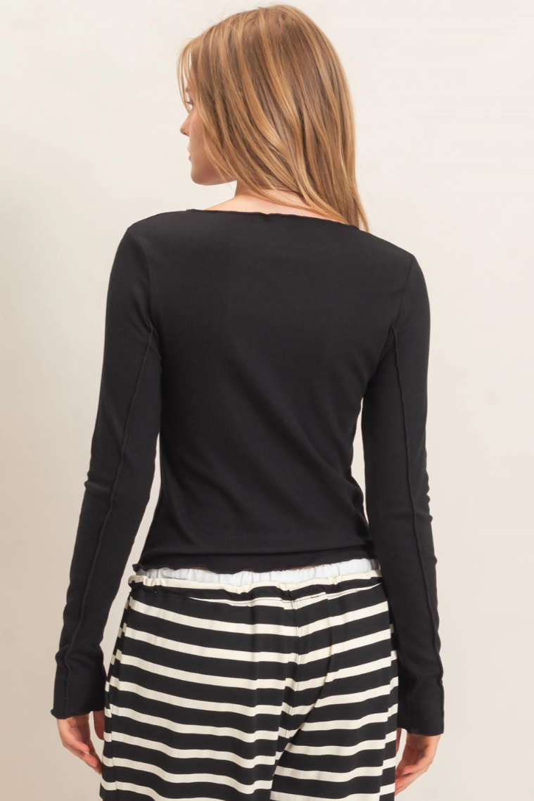 •BRIAR - BLACK• ruffled ribbed long sleeve top