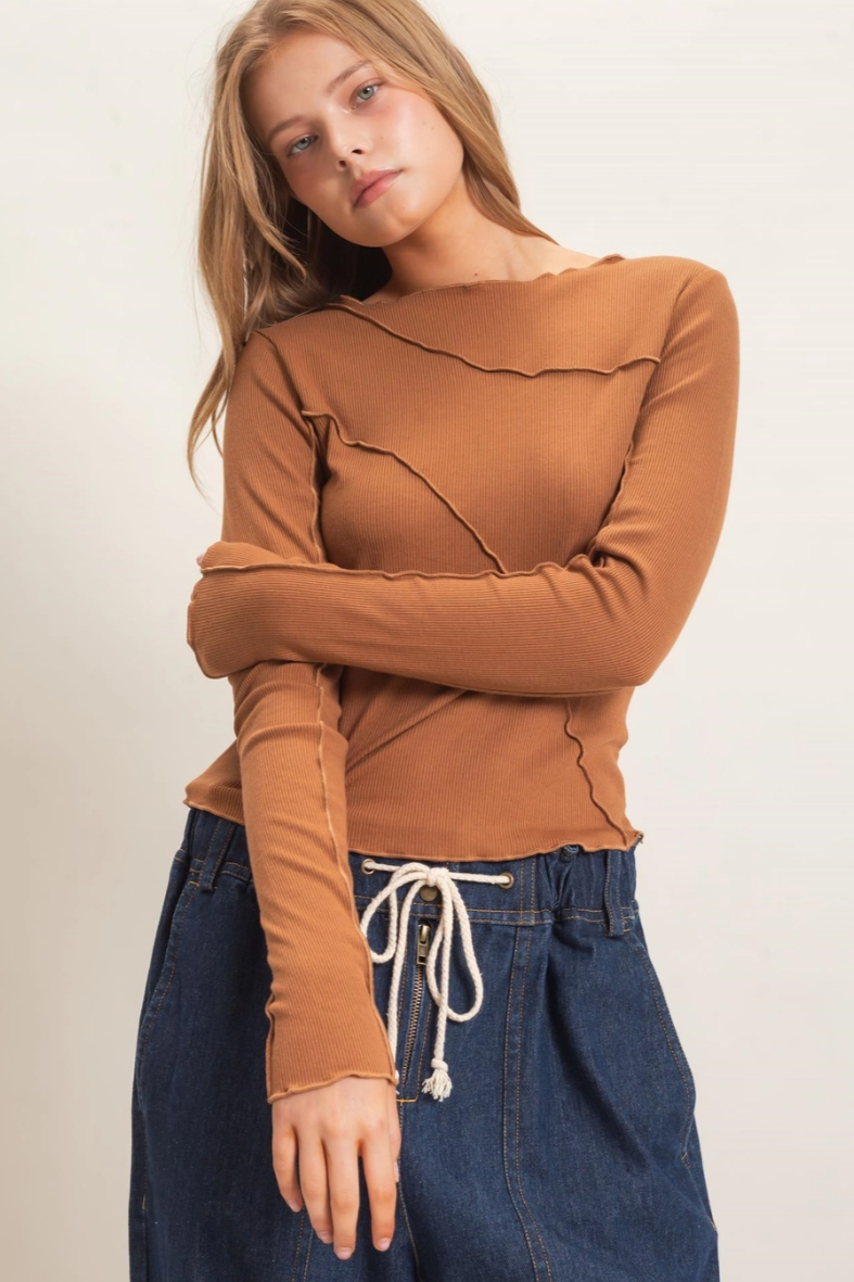 •BRIAR - CARAMEL• ruffled ribbed long sleeve top