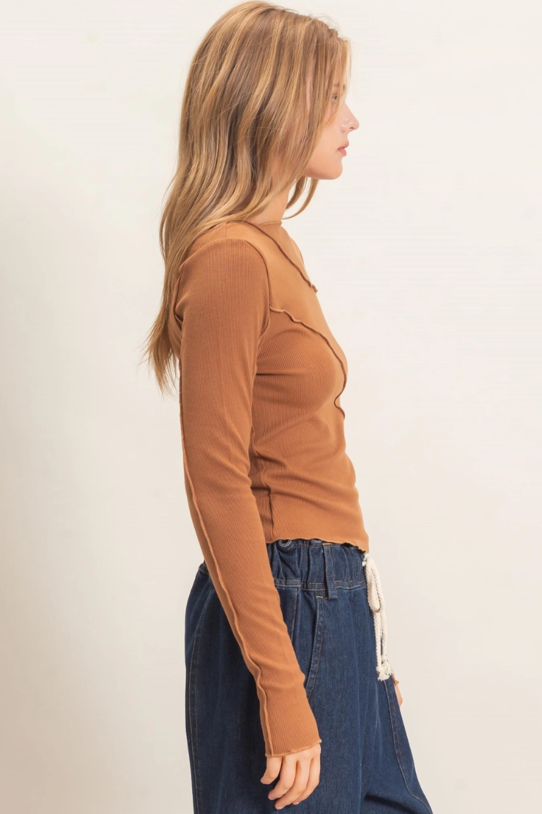 •BRIAR - CARAMEL• ruffled ribbed long sleeve top