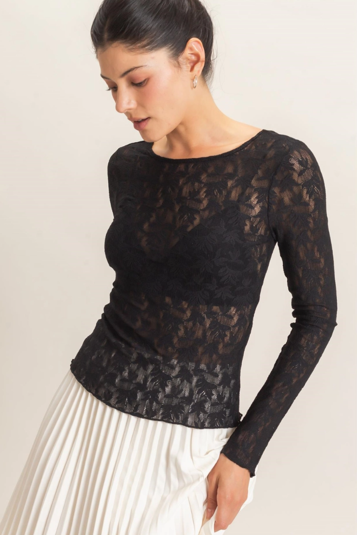 •ESMERALDA - BLACK• lace mesh long sleeve top