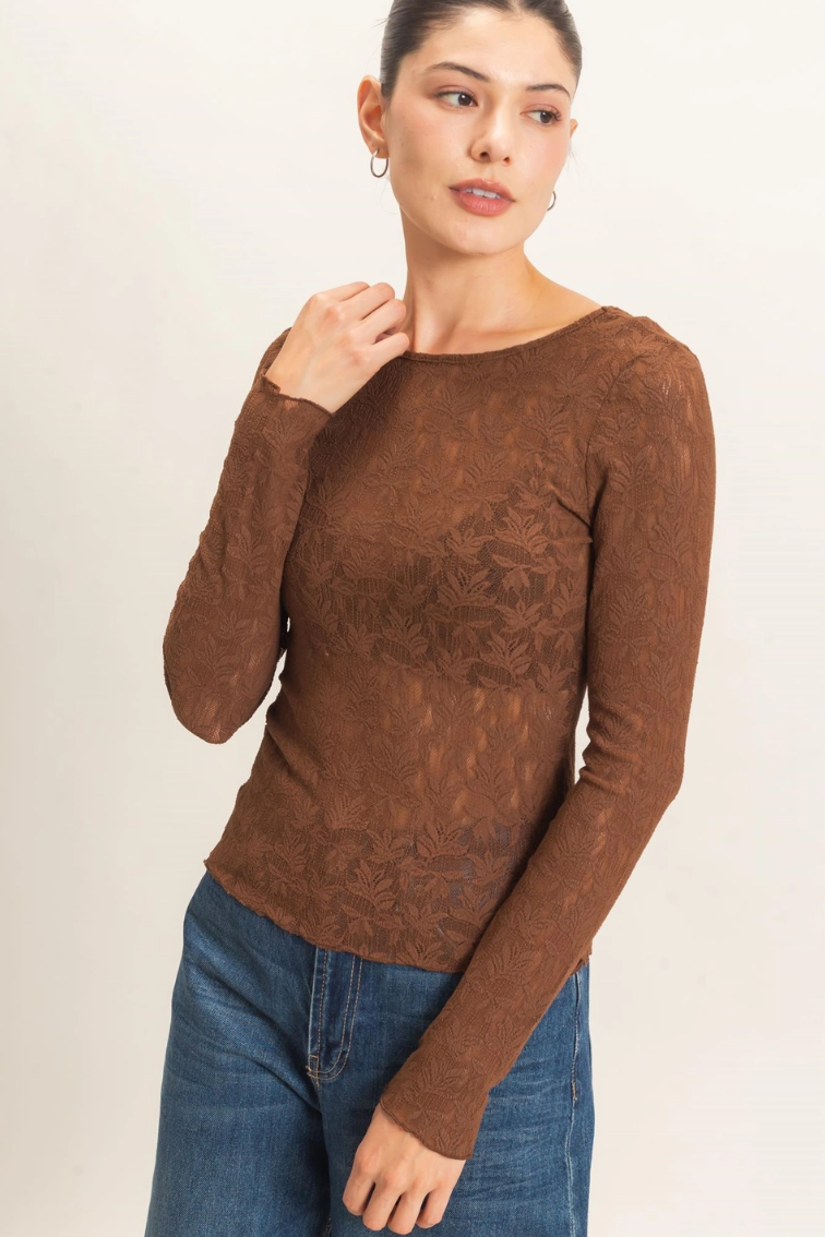 •ESMERALDA - CHOCOLATE• lace mesh long sleeve top