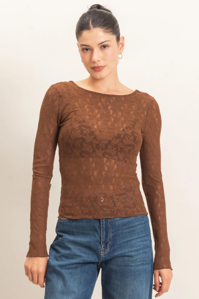 •ESMERALDA - CHOCOLATE• lace mesh long sleeve top
