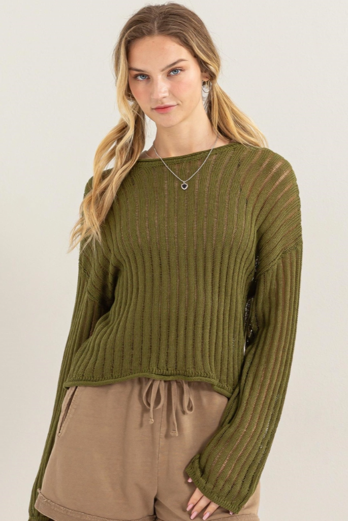 •KRISTI - OLIVE• open knit long sleeve sweater