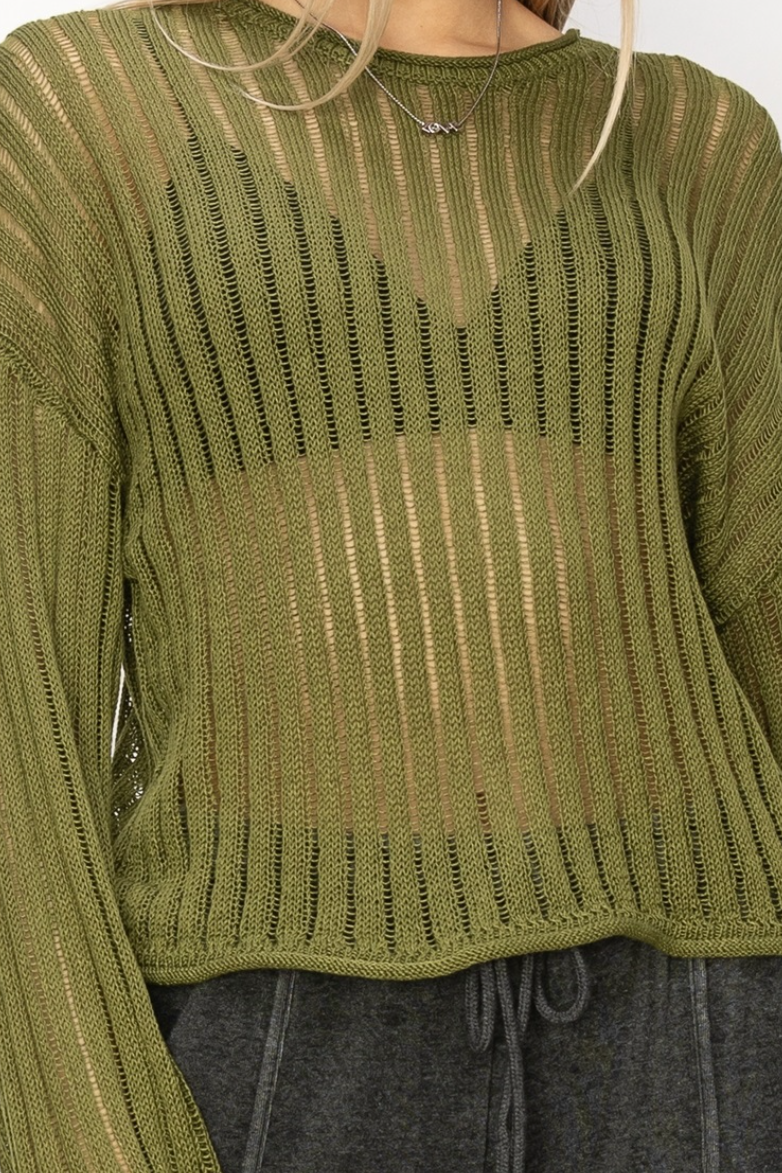 •KRISTI - OLIVE• open knit long sleeve sweater