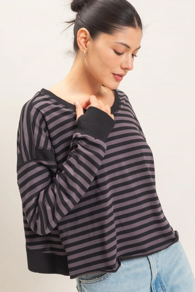 •TONYA - CHARCOAL STRIPE• cotton blend long sleeve open back top