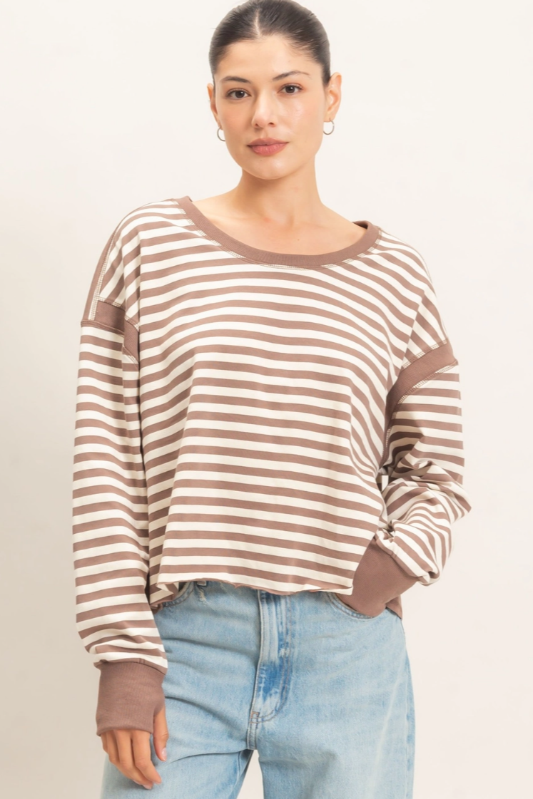 •TONYA - MOCHA STRIPE• cotton blend long sleeve open back top