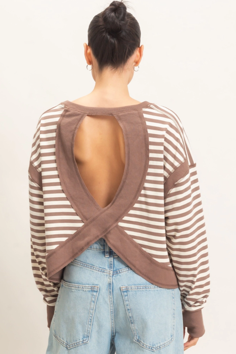 •TONYA - MOCHA STRIPE• cotton blend long sleeve open back top