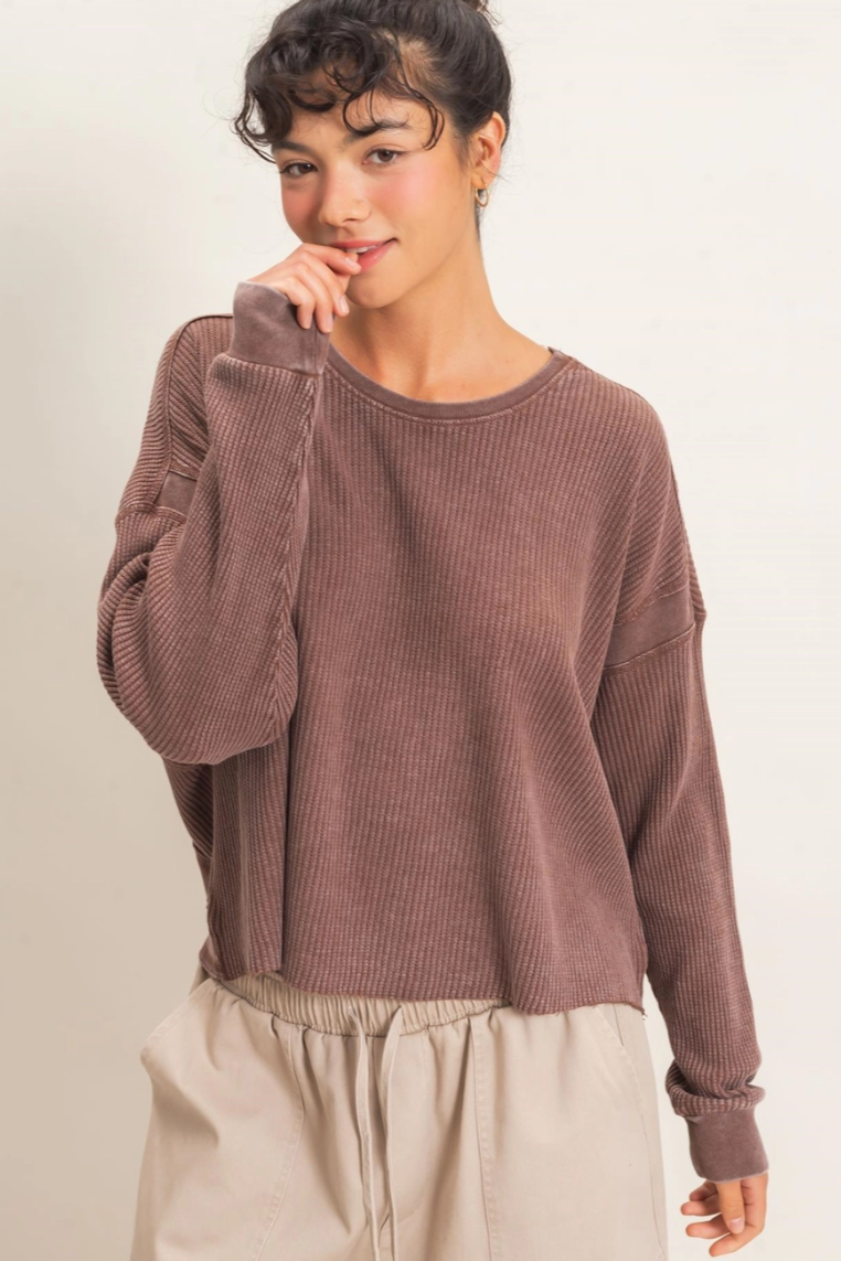 •TONYA - RED BEAN• cotton waffle knit open back top