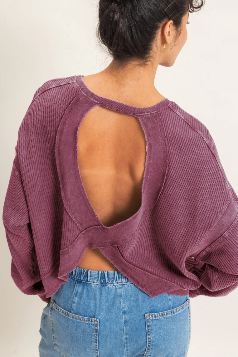 •TONYA - MULBERRY• waffle knit long sleeve open back top
