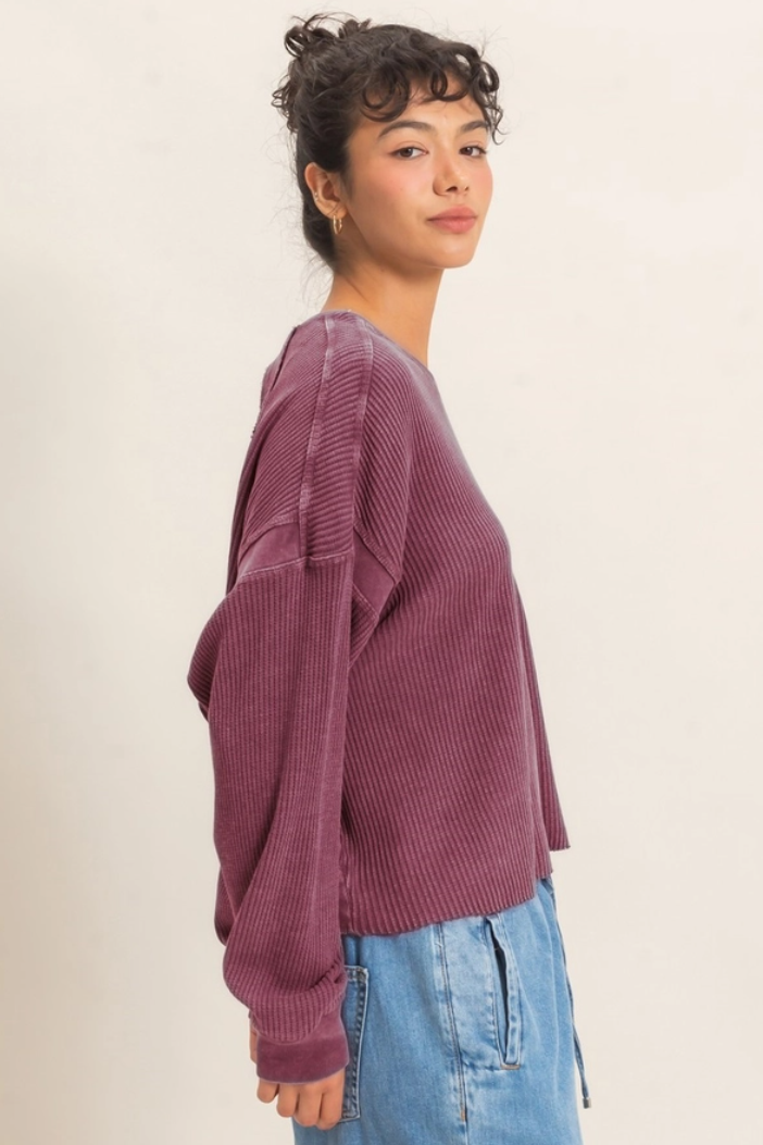 •TONYA - MULBERRY• waffle knit long sleeve open back top