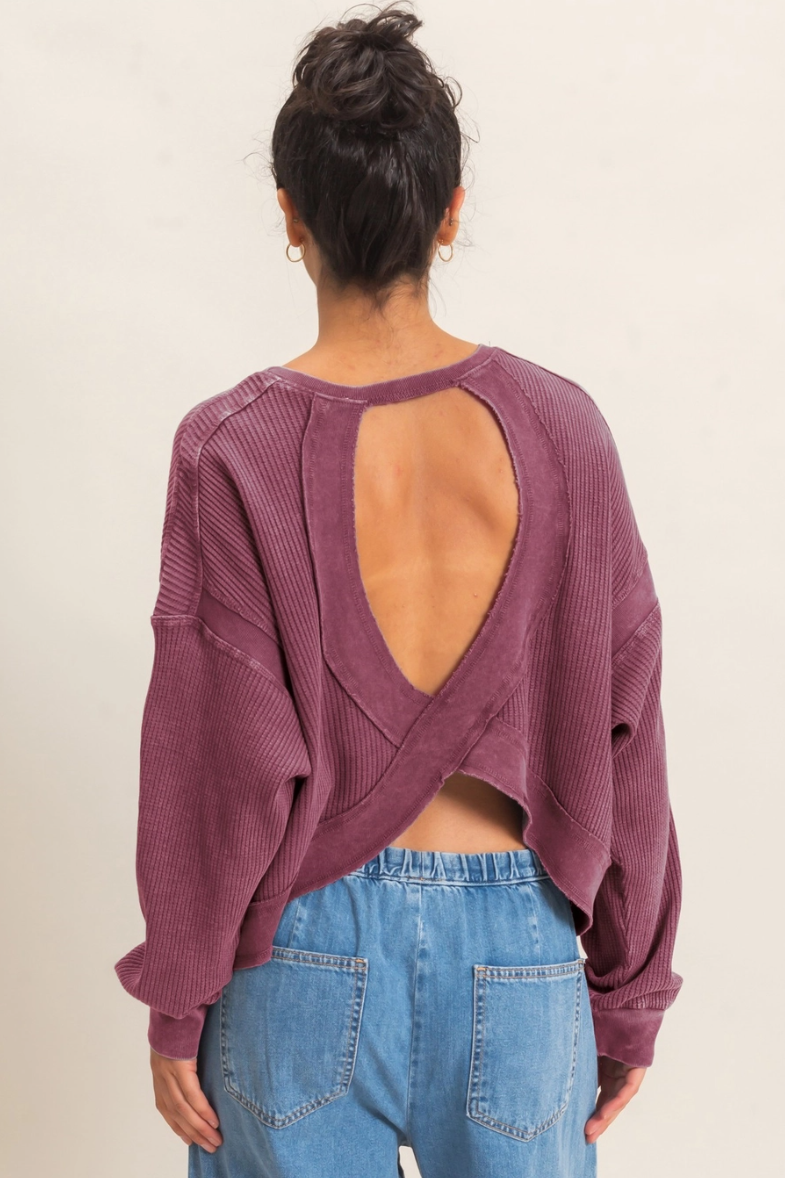 •TONYA - MULBERRY• waffle knit long sleeve open back top
