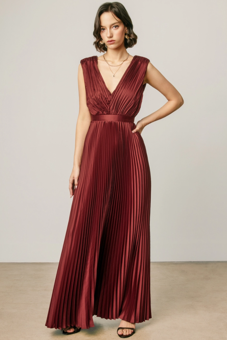 •MAEVE - MERLOT• pleated satin sleeveless maxi dress