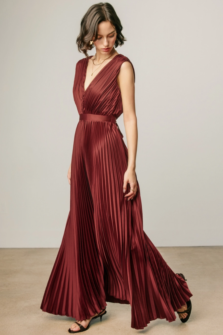 •MAEVE - MERLOT• pleated satin sleeveless maxi dress
